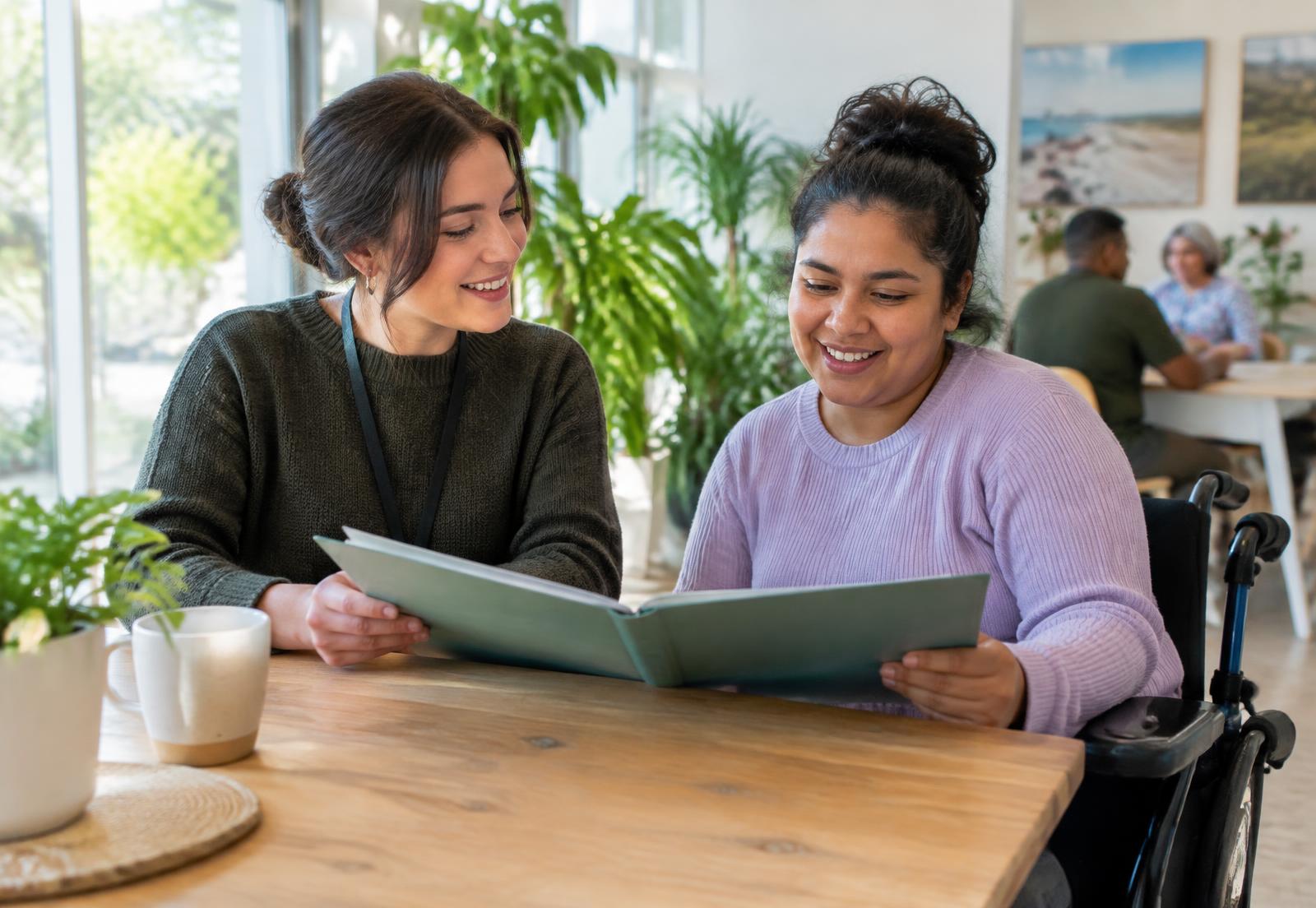 A support coordinator and participant reviewing an NDIS plan together